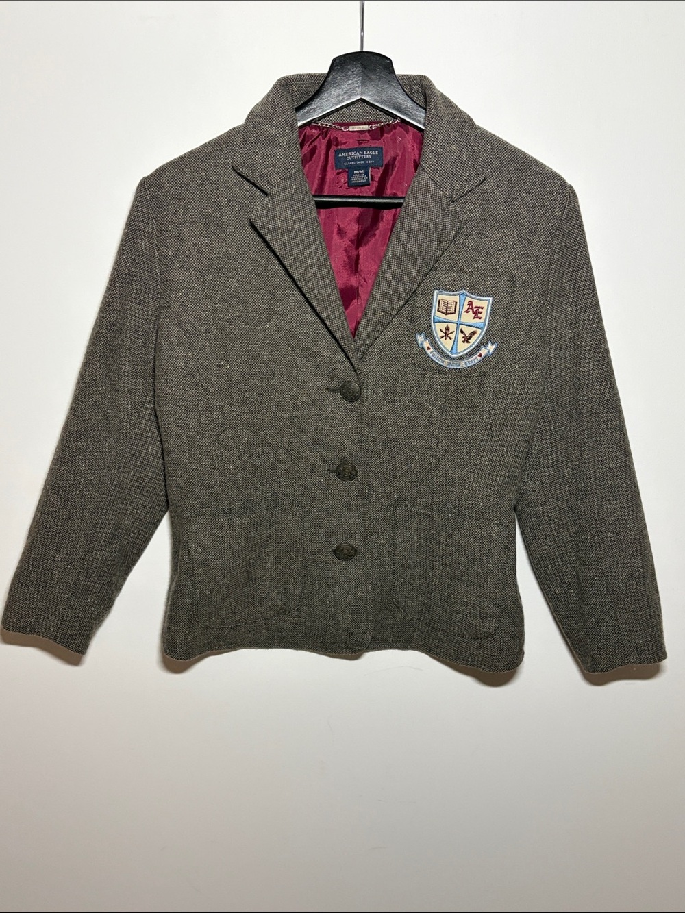 American Eagle Tweed Crest Blazer Jacket Preppy Academia Medium